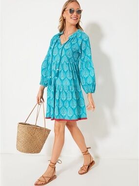 SOLDTuckernuck Tropical Teal Lantern Tie Neck Caftan Blue Boho Mini Dress NWT L